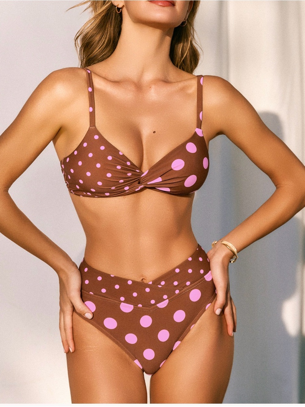 Brown & Pink Polka Dot Twist Bikini Top and High Waist Bottoms - Women Swim-